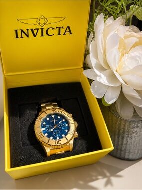 Invicta Pro Diver Chronograph Gold Tone Blue Dial Watch NIB Original Box✨✨